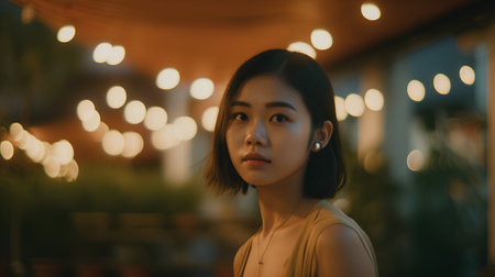 Portrait of young beautiful asian woman wearing earrings in cafe.の素材