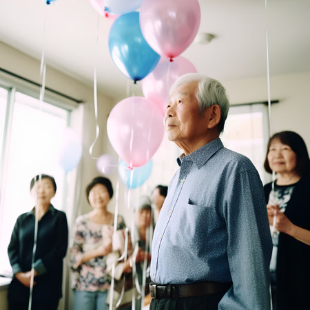 Elderly asian man with balloons in the living room.の素材