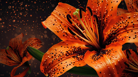 Beautiful orange lily flowers on dark background. Floral designの素材