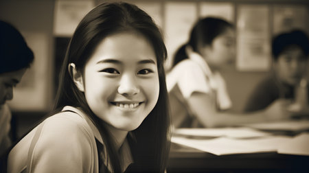 Portrait of a happy young asian female student sitting in classの素材