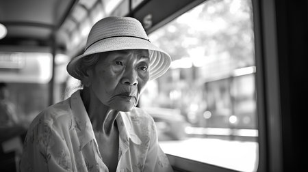 Portrait of an elderly woman in a hat in the city.の素材