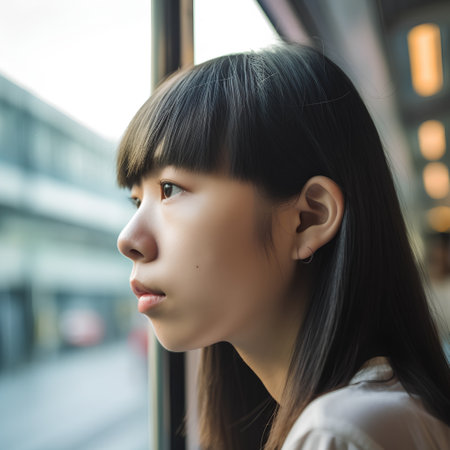 Portrait of a beautiful asian woman looking through the window in the cityの素材