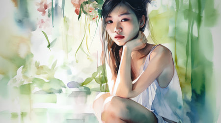 Portrait of a beautiful asian woman sitting in front of watercolor backgroundの素材