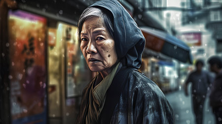 Old woman in the street of Bangkok, Thailand. Selective focus.の素材