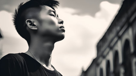 Young asian man in the city. Black and white tone.の素材