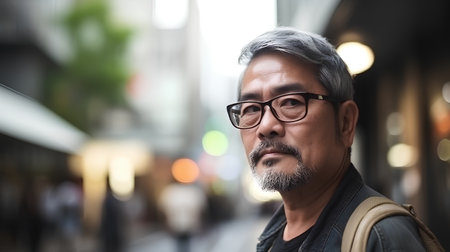 Portrait of a senior asian man with eyeglasses in the cityの素材