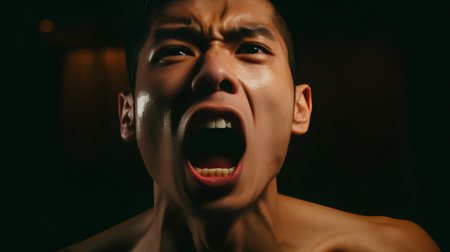 Portrait of young asian man screaming with open mouth on dark backgroundの素材