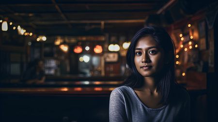Portrait of a beautiful asian woman standing in a bar.の素材