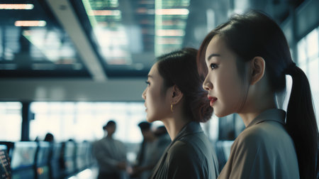 Business people in the corridor of a modern office building. Asian peopleの素材