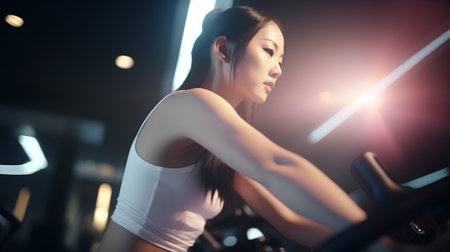sport, fitness, lifestyle and people concept - young woman exercising on treadmill in gymの素材