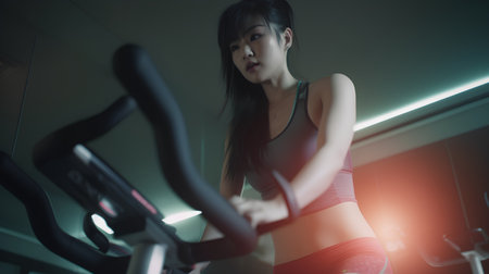 Beautiful young asian woman running on exercise bike in the gymの素材