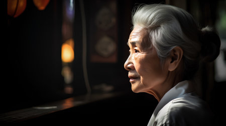 Portrait of an elderly asian woman with grey hair at homeの素材
