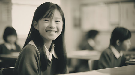 Portrait of happy asian female student sitting in classroom and looking at cameraの素材