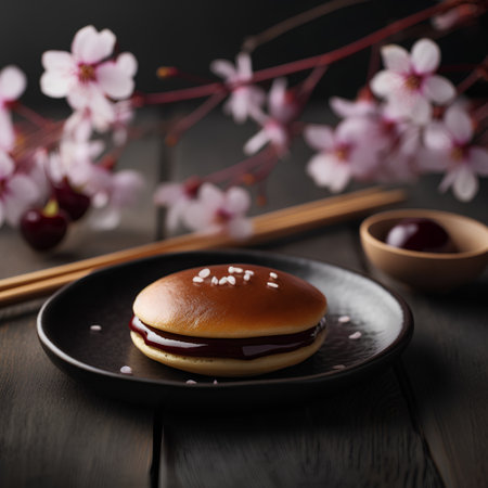 Hamburger with cherry blossom and chopsticks on wooden backgroundの素材