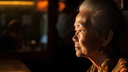 Portrait of an old woman in a restaurant. Selective focus.の素材