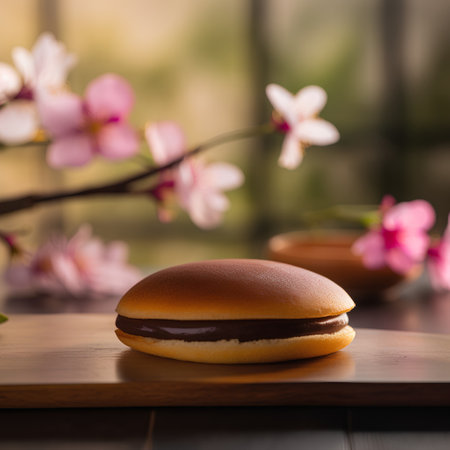 Chocolate burger with cherry blossom on wooden table, shallow depth of fieldの素材
