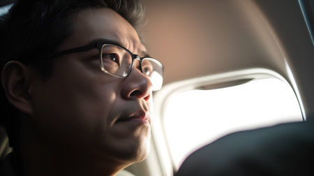 Portrait of Asian man wearing eyeglasses while traveling by airplane.の素材
