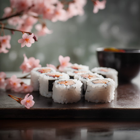 Sushi rolls with salmon, cucumber, cream cheese and red caviar on a dark backgroundの素材