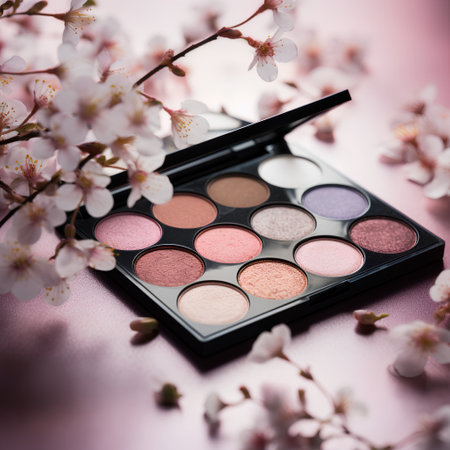 Makeup Palette and Cherry Blossom on Pink Background. Selective Focus.の素材