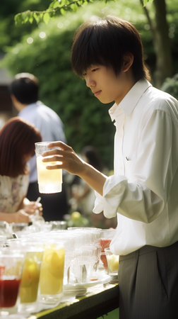 Catering service in a restaurant with a young man serving a cocktailの素材