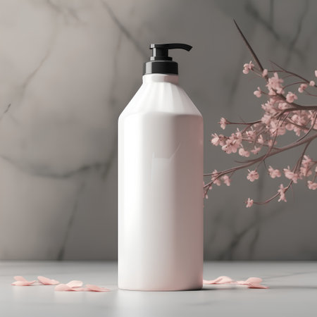 Cosmetic bottle with pink flowersle background. 3d renderingの素材