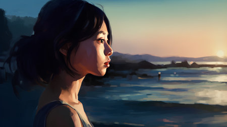 Beautiful young woman in a cityscape at sunset, digital paintingの素材