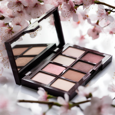 Cosmetic branding, mua and girly concept - Eyeshadow palette and cherry blossom flowers on white background, make-up and cosmetics product for luxury beauty brand promotion and holiday fashion blog designの素材