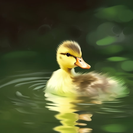Duckling swimming in the water. Illustration on dark background.の素材