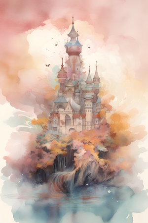 Watercolor illustration of a beautiful fantasy castle on the bank of the lakeの素材