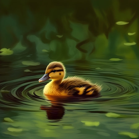 Duckling swimming in the water with green background. Vector illustration.の素材