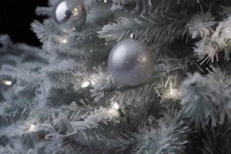 Christmas tree with silver bauble and lights on black background, closeupの素材