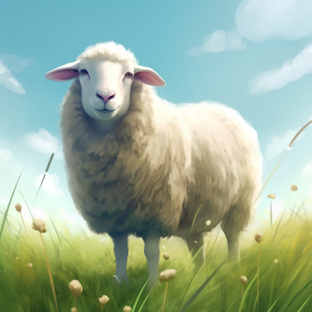 Sheep on the meadow with dandelions and blue skyの素材