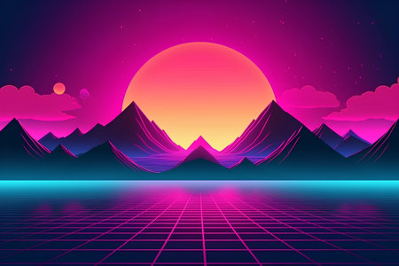 Retro Sci-Fi Landscape with Mountain and Sun. Vector Illustrationの素材
