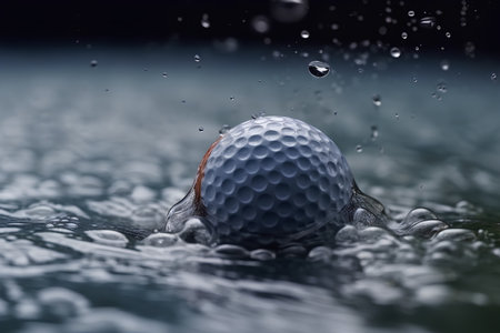 Golf ball and water drops on a dark background. Close-up.の素材