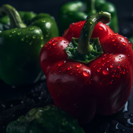red and green bell peppers on a black background with water dropletsの素材
