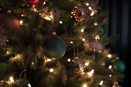 Christmas tree decorated with colorful ornaments, closeup of photoの素材