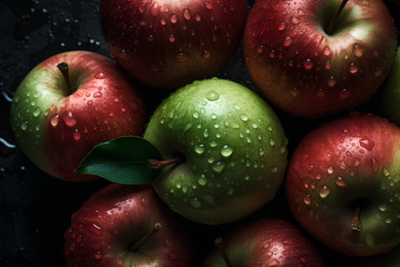 Fresh red and green apples with water drops on dark background, top viewの素材