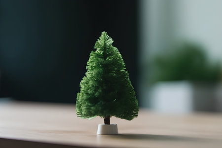 Christmas tree in a pot on a wooden table with a blurred backgroundの素材