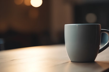 Coffee cup on wooden table in coffee shop, stock photoの素材