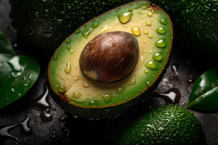 Fresh ripe avocados with water drops on a black background.の素材