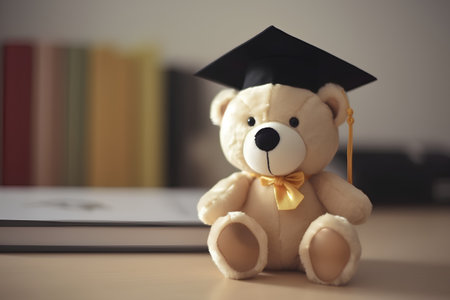 Teddy bear with graduation hat and books on the table, education conceptの素材