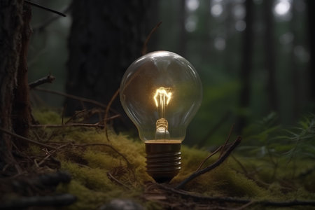 Light bulb glowing in the forest, conceptual image of idea and creativityの素材