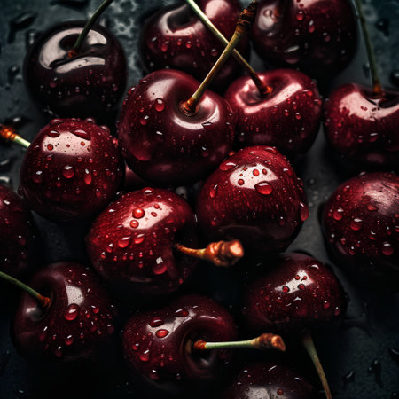 Ripe red cherries with water drops on a dark background.の素材