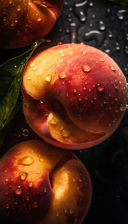 Fresh ripe peaches with water drops on black background, closeupの素材