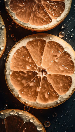 Slices of orange and grapefruit with water drops on black backgroundの素材
