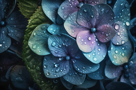 Blue hydrangea flowers with drops of dew closeupの素材