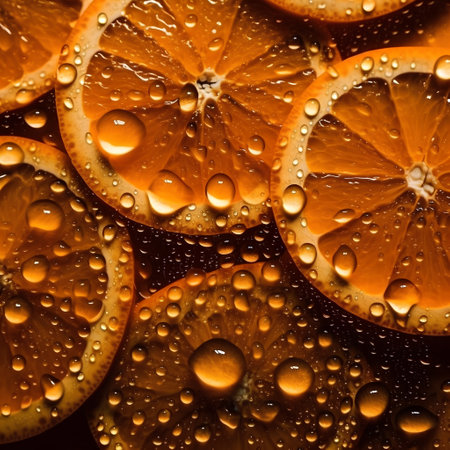 Slices of orange with water drops on a dark background.の素材