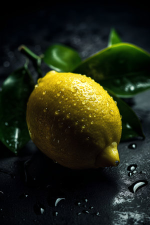 Lemon with water drops on a dark background. Toned.の素材