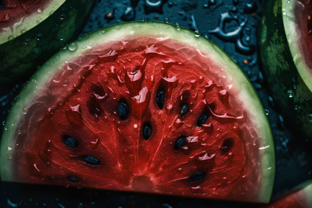 Watermelon slices with water drops on dark blue background, close upの素材