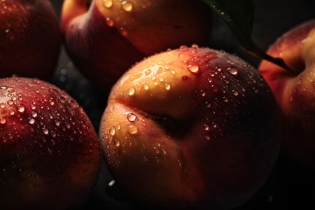 Ripe peaches with drops of water on a black background.の素材
